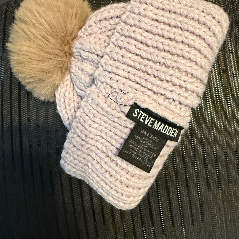 Steve Madden Knit Beanie Hat w/ Faux Fur Pom | One Size (Light purple beige) - Picture 2 of 2